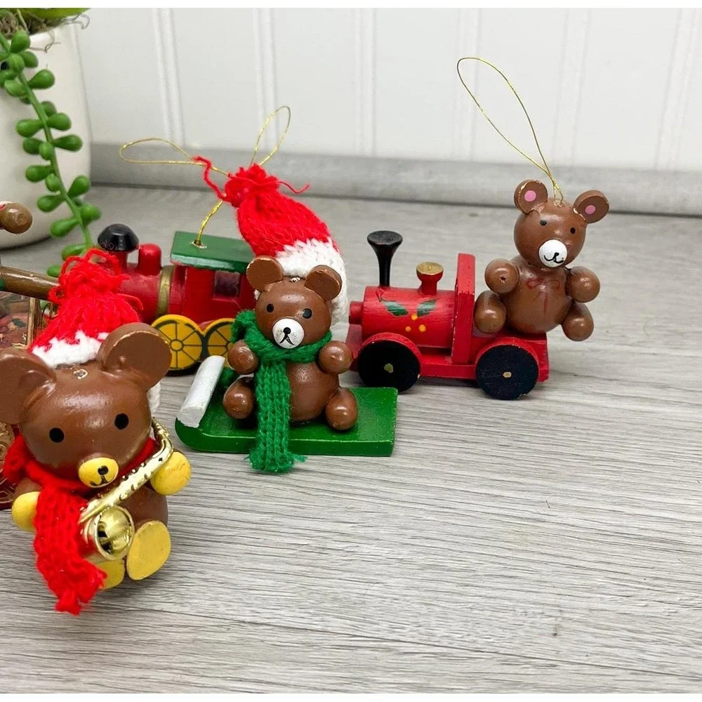 Vintage Wooden Christmas‎ Ornaments, Teddy Bear & Train Ornaments Set of 6